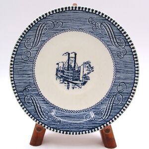 Royal China Currier & Ives Blue Steamboat Plate Low Water On Mississippi Vintage